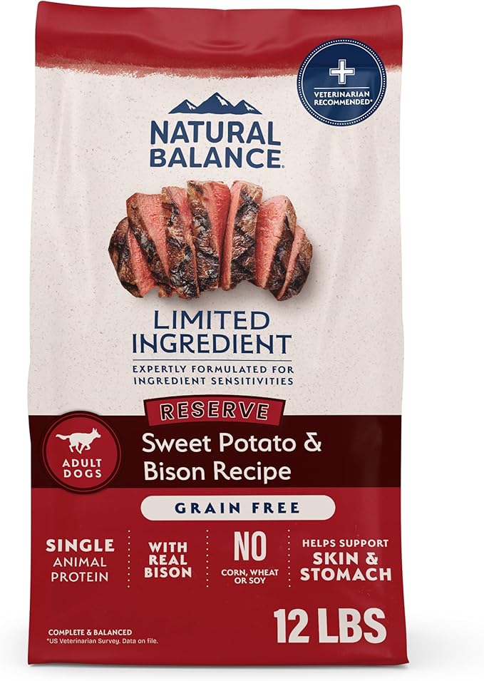 Natural Balance Limited Ingredient Reserve Grain Free Sweet Potato & Bison Dry Dog Food for Adults, Sensitive Stomach, 12 lb (Pack of 1)