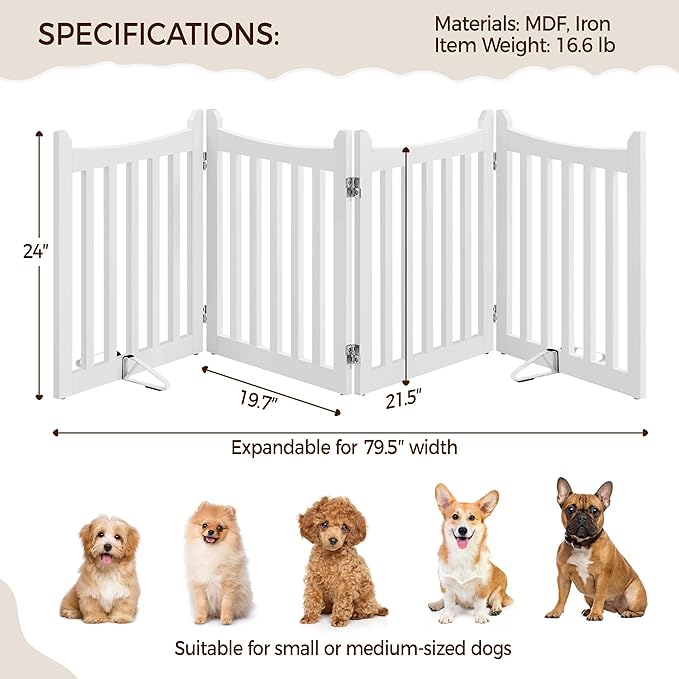 Yaheetech 24" H Freestanding Pet Gate for Dogs Wooden Dog Gates for Hallway, Doorway Collapsible Indoor Pet Fence with Support Feet Stair Barrier 4 Panels Fence White
