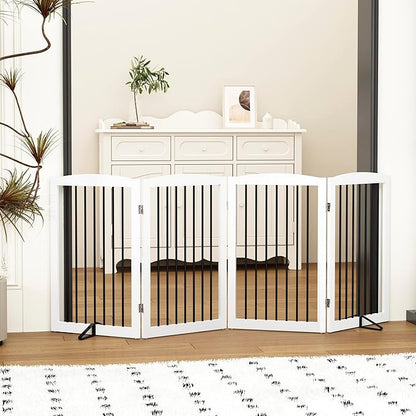 PUPETPO Freestanding Pet Gate for Dogs, Indoor Wooden Dog Gate for House, Foldable Dog Gate for Doorway, Stair, Gates for Dogs Indoor, 80 Inch Wide, 4 Panels 32", White