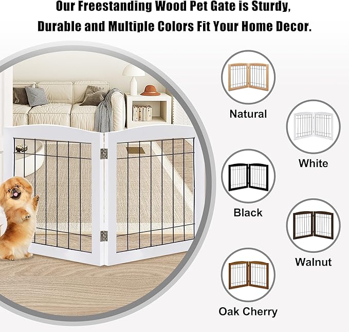 LZRS 2-Panel Freestanding Foldable Wood Dog Gate – Solid Wood & Steel Wire, Chew-Resistant Pet Barrier for Indoor Use, Ideal for Small to Medium Dogs, White