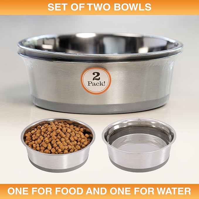 Neater Pet Brands Stainless Steel Dog Bowls with Non-Slip Rubber Bottom – Set of 2, 4 Cup (32 oz), Gray - Heavy Duty Metal Dog Bowl, Dishwasher Safe, Food or Water Bowl, Ideal for Medium Dogs