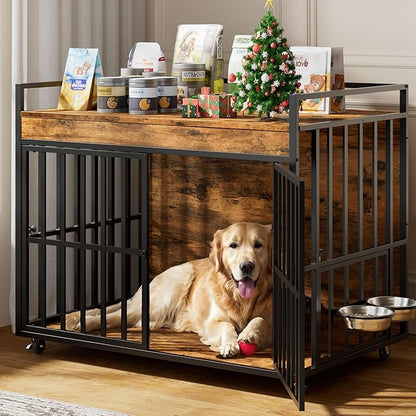 2PCS 43 Inch Dog Crate Furniture, Heavy Duty Dog Kennel with 3 Doors, 2 Adjustable Bowls and Lockable Wheels, Wooden Dog House for Large Dogs, End Table Dog Cage, Rustic Brown