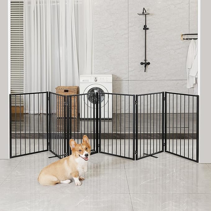 Metal Freestanding Dog Gates with Door for Outdoor Indoor,120'' Extra Wide 32'' Tall Free Standing Dog Gate for Doorways,Large Openings,Deck,Yard,Porch,Foldable Pet Fence(Black,6 Panels)