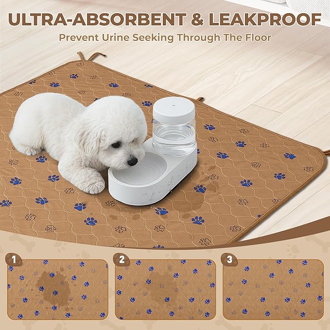 Fostanfly Washable Dog Pee Pads, 2-Pack 36"x41" Large Reusable Potty Training Pads, Ultra-Absorbent, Leak-Proof & Non-Slip, with 8 Lanyards for Playpen, Crates & Furniture, Brown