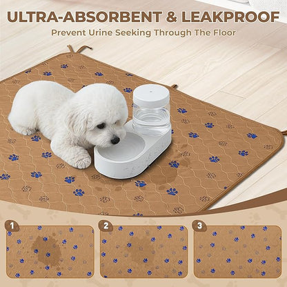 Fostanfly Washable Dog Pee Pads, 2-Pack 36"x41" Large Reusable Potty Training Pads, Ultra-Absorbent, Leak-Proof & Non-Slip, with 8 Lanyards for Playpen, Crates & Furniture, Brown