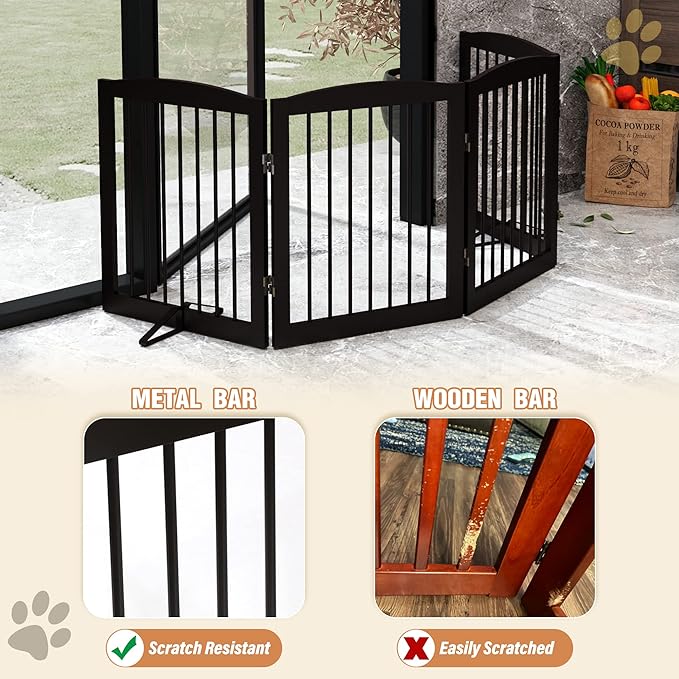 PUPETPO Freestanding Pet Gate for Dogs, Foldable Wooden Dog Gate for House, Indoor Dog Gate for Stair, Doorway, Gates for Dogs Indoor, 80 Inch Wide, 4 Panels 24",Brown