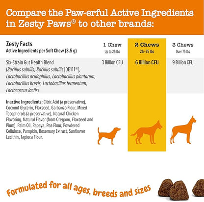 Zesty Paws Probiotics for Dogs, Digestive Enzymes Gut Flora, Digestive Health, Diarrhea & Bowel Support, DE111, Dog Probiotics Soft Chew for Pet Immune System, Chicken, 90 Ct