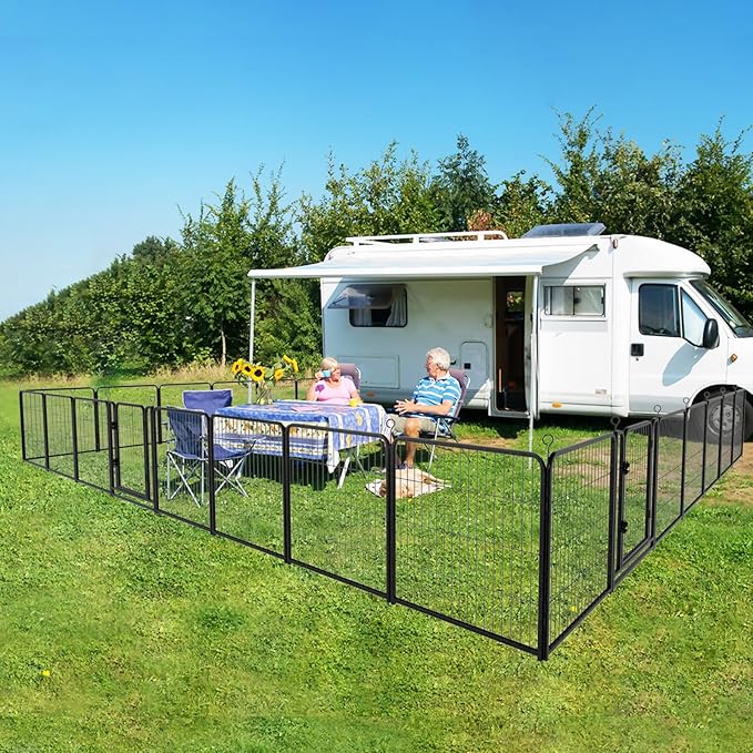 Kfvigoho Dog Playpen Outdoor Extra Wide 32 Piece Panels Heavy Duty Dog Fence 32" Height Anti-Rust with Doors Portable for RV Camping Yard, Total 84FT, 561 Sq.ft, Snowy Black