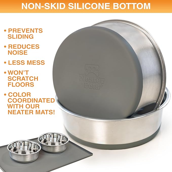 Neater Pet Brands Stainless Steel Dog Bowls with Non-Slip Rubber Bottom – Set of 2, 4 Cup (32 oz), Gray - Heavy Duty Metal Dog Bowl, Dishwasher Safe, Food or Water Bowl, Ideal for Medium Dogs