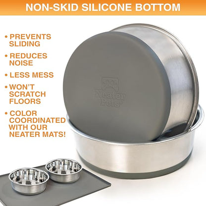 Neater Pet Brands Stainless Steel Dog Bowls with Non-Slip Rubber Bottom – Set of 2, 4 Cup (32 oz), Gray - Heavy Duty Metal Dog Bowl, Dishwasher Safe, Food or Water Bowl, Ideal for Medium Dogs