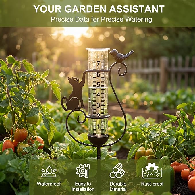 Rain Gauge Outdoor, Cat & Bird Rain Gauges Outdoor Best Rated Decorative for Garden Yard Lawn with Easy-Read 7" Tube, Accurate Rainfall Measurement