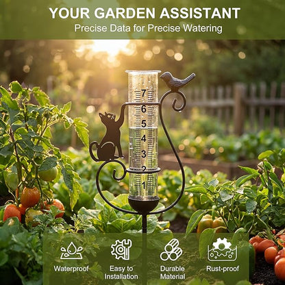 Rain Gauge Outdoor, Cat & Bird Rain Gauges Outdoor Best Rated Decorative for Garden Yard Lawn with Easy-Read 7" Tube, Accurate Rainfall Measurement