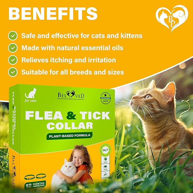 Natural Flea & Tick Collar for Cats - 12 Months Control of Best Prevention & Safe Treatment - Anti Fleas and Ticks Essential Oil Repellent (1 Count)