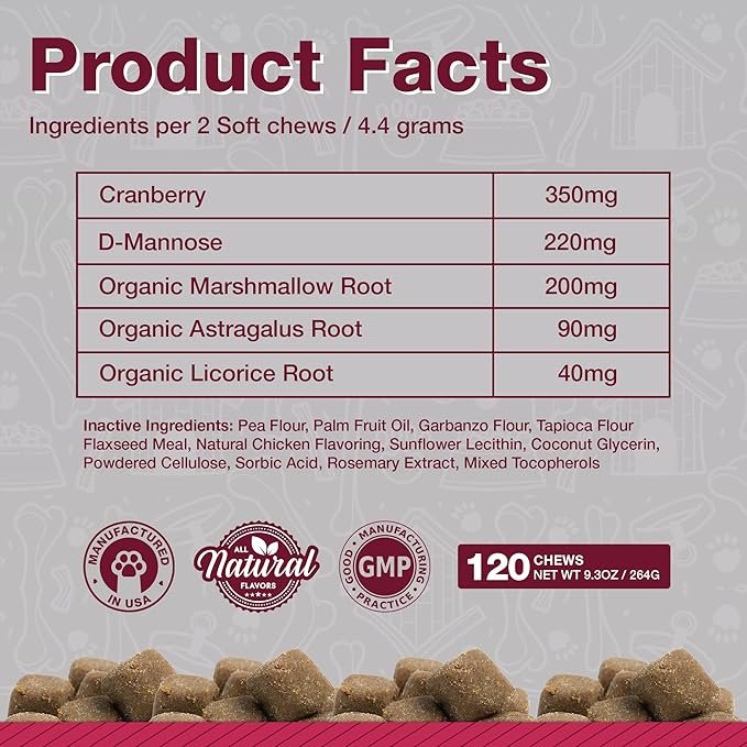 Cranberry Supplements for Dogs| Urinary Tract & Bladder Support| D Mannose & Antioxidants for Support| 240 Veterinarian Formulated Soft Chews| Up to 4-Month Supply