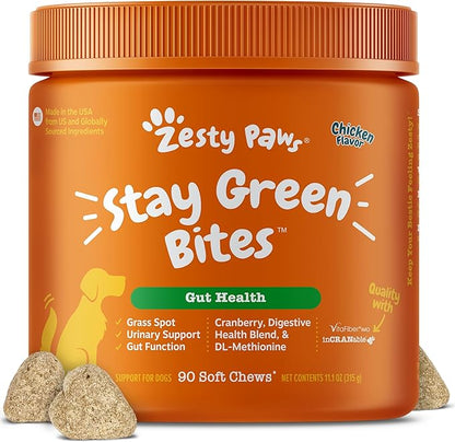 Zesty Paws Stay Green Bites for Dogs - Grass Burn Soft Chews for Lawn Spots Caused by Dog Urine - with Cranberry for Urinary Tract & Bladder - Chicken - 90 Count