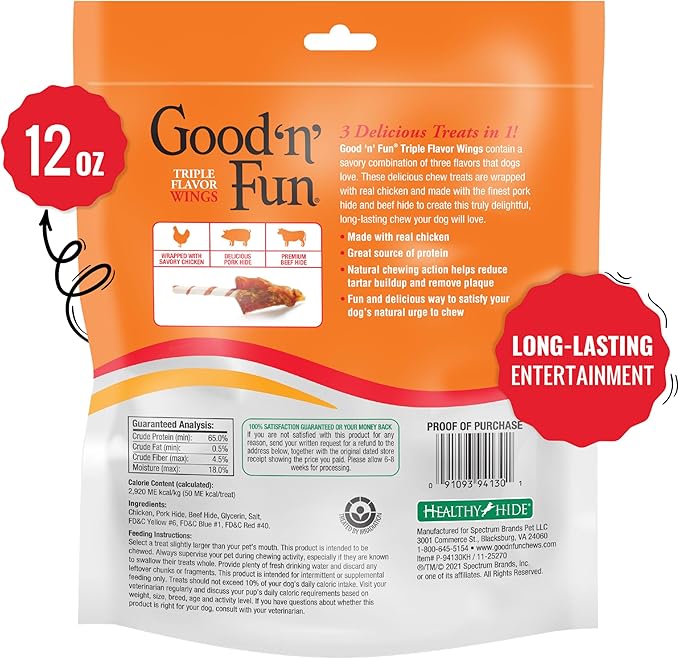 Good 'n' Fun Triple Flavor Chews for Dogs, 12 Ounces | Wings | Long-Lasting | Made with Chicken | Contains Hide