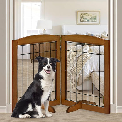 LZRS 2-Panel Freestanding Adjustable Wooden Dog Gate—30” Tall Foldable Pet Barrier with Support Feet, Solid Hardwood & Chew-Resistant Steel Wire for Doorways, Hallways, and Stairs, Oak Cherry