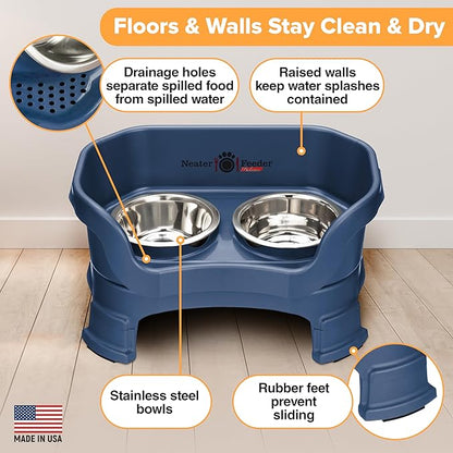 Neater Feeder Deluxe Mess-Proof Elevated Dog Bowls for Small Dogs (Up to 19 lbs), 2 Height Adjustable (6” & 7.5”) No-Spill Raised Dog Bowl Stand, Stainless Steel Food Bowl Set, Made in USA, Dark Blue