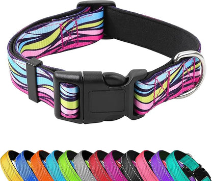 Reflective Dog Collar, Adjustable Soft Neoprene Padded Nylon Pet Collars with Buckle for Puppy and Small Dogs, Cats, Colorful Wave Pattern,XL