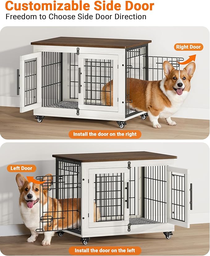 YaFiti Dog Crate Furniture with Cushion Set of 2, Wooden Dog Kennel Indoor with Double Doors, Dog Cage with Wheels, Dog House Side End Table for Small Medium Dogs up to 45 lb, 32.5" L, White