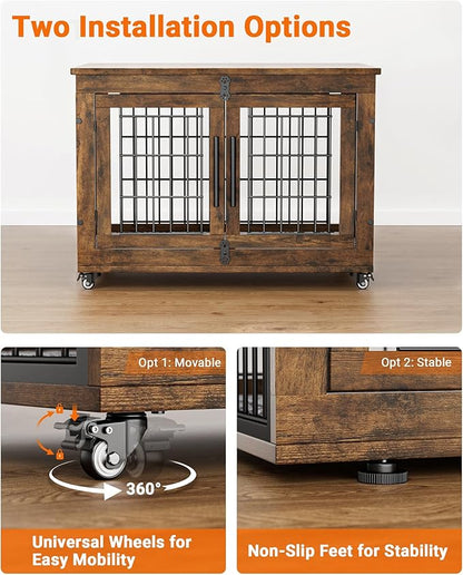 Dog Crate Furniture with Cushion Set of 2, Wooden Dog Kennel Indoor with Wheels & Double Doors, Dog Cage Side End Table for Medium Small Dogs up to 45 lb, 32.5” L, Rustic Brown