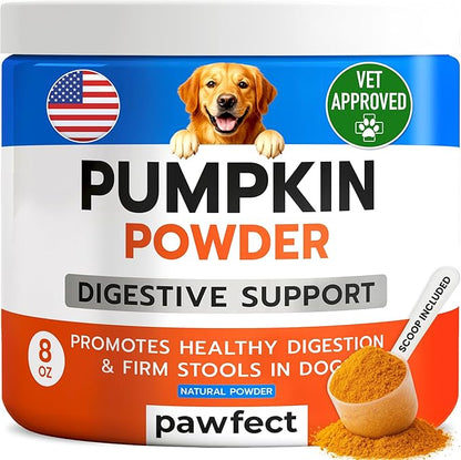 PAWFECTCHEW Pumpkin Powder for Dogs - 8oz Powdered Supplement High Fiber for Dogs Stool Softener - Treat Diarrhea, Constipation, Upset Stomach, Food Sensitivity - Improve Digestion - Made in USA