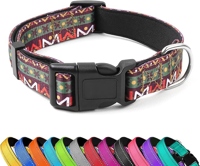 Reflective Dog Collar, Adjustable Soft Neoprene Padded Nylon Pet Collars with Buckle for Puppy and Small Dogs, Cats, Retro Geometric Flowers,M