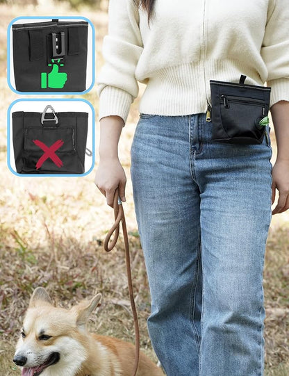 Gobeigo Dog Treat Pouch and Training Clicker, Upgrade Two Magnetic Closure to Prevent Spills, 2 Cup Treat Bag with Poop Bag Dispenser, Metal Clip Waist Belt Fanny Pack for Pet Walk (Black)