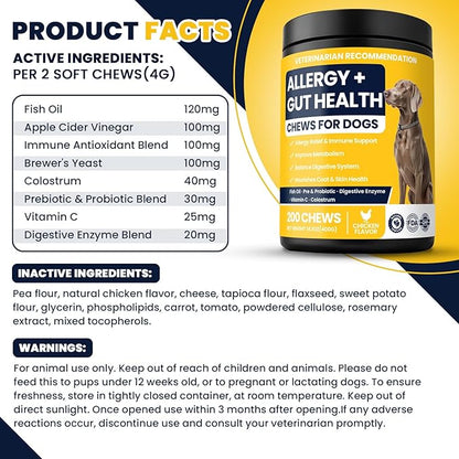 Dog Allergy Chews Probiotics for Dogs Yeast, Itchy Skin and Itchy Ears Itch Relief Immune Pre Probiotic Chews for Pet Digestive Health Anti Itch
