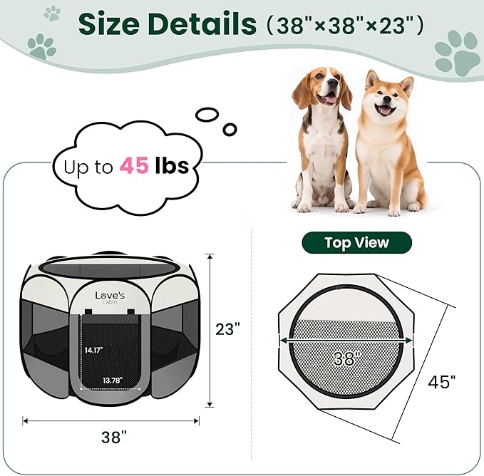 Love's cabin Pet Puppy Dog Playpen, Large Dog Tent Crates Cage Indoor/Outdoor, Portable Playpen for Cat, Foldable Pop Up Dog Kennel Playpen with Carring Case, Removable Zipper Top, Grey