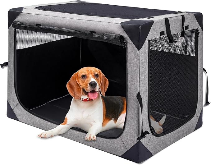 Hiaksedt Dog Crates - 36 Inch Collapsible Soft Dog Crate, 3-Door Foldable Soft Kennel for Large Dogs, Portable Pet Travel Cage with Chew Proof Mesh Window for Outdoors