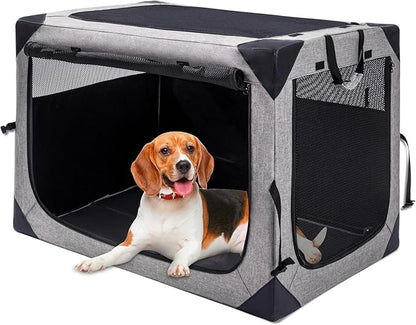 Hiaksedt Dog Crates - 36 Inch Collapsible Soft Dog Crate, 3-Door Foldable Soft Kennel for Large Dogs, Portable Pet Travel Cage with Chew Proof Mesh Window for Outdoors