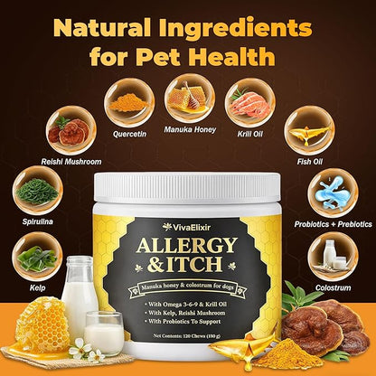 Manuka Honey for Dogs - Allergy Relief & Anti Itch Skin - Comfort and Coat Health - Manuka Honey, Krill Oil, Colostrum, Quercetin, Probiotics, Kelp Powder - 120 Soft Chews