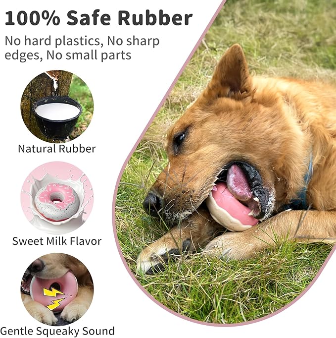 Dog Toys for Aggressive Chewers, Indestructible Squeaky Chew Toy to Keep Them Busy, Interactive Rubber Donut with Milk Flavor & Bounce, Teeth Cleaning for Small Medium Large Breed, Pink