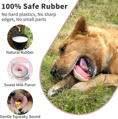 Dog Toys for Aggressive Chewers, Indestructible Squeaky Chew Toy to Keep Them Busy, Interactive Rubber Donut with Milk Flavor & Bounce, Teeth Cleaning for Small Medium Large Breed, Pink