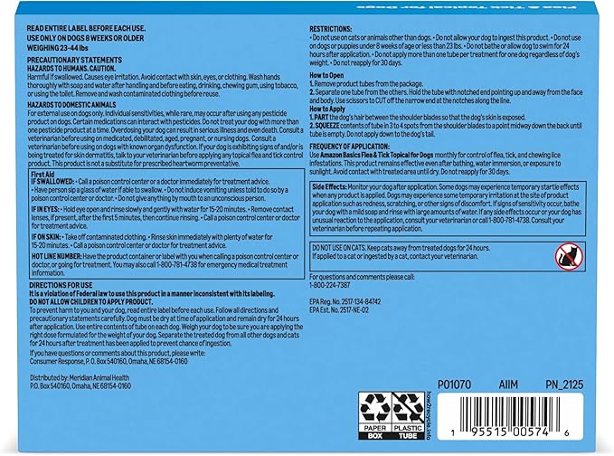 Amazon Basics Preventative Flea and Tick Topical Treatment for Dogs, Medium Dog (23-44 lbs), Fast Acting and Long Lasting, 6 Counts, Packaging May Vary