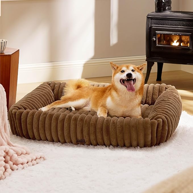 Bedsure ComfyFleece™ Washable Dog Bed for Medium Dogs - Cute Furry Puppy Beds, Rectangle Orthopedic Corduroy Fleece Pet Beds with Removable Zipper Cover, 30x24x8inches, Camel Brown