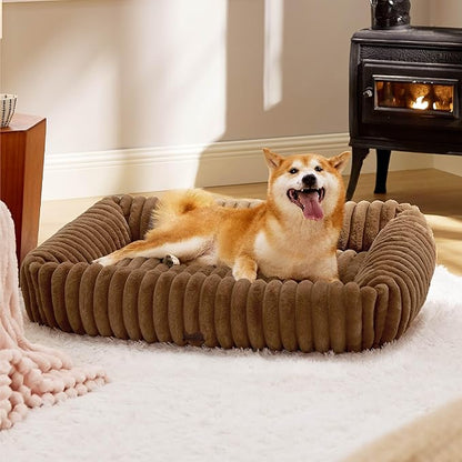 Bedsure ComfyFleece™ Washable Dog Bed for Medium Dogs - Cute Furry Puppy Beds, Rectangle Orthopedic Corduroy Fleece Pet Beds with Removable Zipper Cover, 30x24x8inches, Camel Brown