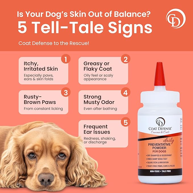 COAT DEFENSE Daily Preventative Powder | Made in USA | 4.2oz Precision Point Waterless Dog Shampoo & Pet Deodorizer for Smelly Dogs | Provides Anti Itch Relief | Dog Shampoo for Dry Itchy Skin