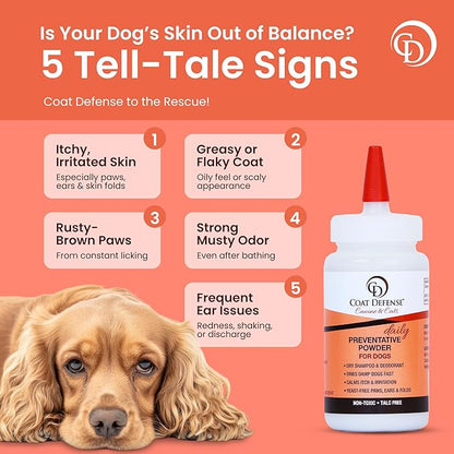 COAT DEFENSE Daily Preventative Powder | Made in USA | 4.2oz Precision Point Waterless Dog Shampoo & Pet Deodorizer for Smelly Dogs | Provides Anti Itch Relief | Dog Shampoo for Dry Itchy Skin