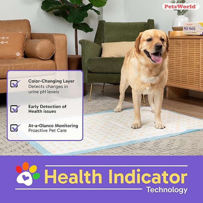 PetsWorld Health Monitoring Dog Pee Pads 37"x54" 50 Count – XXXL Color-Changing Pet Pee Pads for Dogs & Pets, Leak-Proof Super Absorbent Dog Training Pads with Odor Control