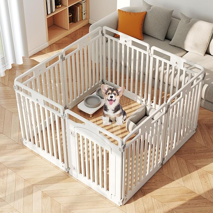 Giantex 8 Panel Dog Playpen, 32'' Tall Plastic Pet Fence with Lockable Door, Indoor Outdoor Portable Dog Exercise Pen for Medium Dogs, Configurable into Square, Rectangle or House-Shaped Layout