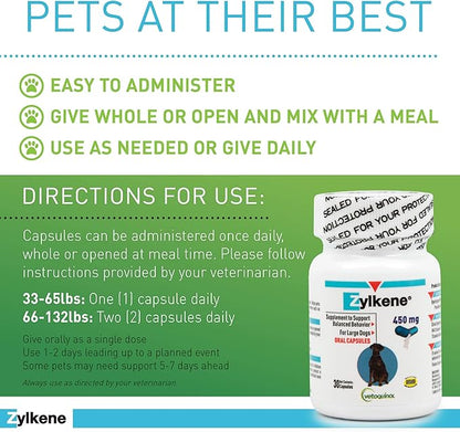 Vetoquinol Zylkene Calming Support Supplement for Large Dogs 33-132lbs, Helps Promote Relaxation and Reduce External Stress Factors, Daily Behavioral Support and Anxiety Relief for Dogs, 450mg