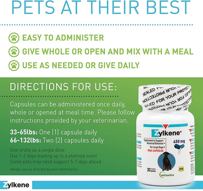 Vetoquinol Zylkene Calming Support Supplement for Large Dogs 33-132lbs, Helps Promote Relaxation and Reduce External Stress Factors, Daily Behavioral Support and Anxiety Relief for Dogs, 450mg