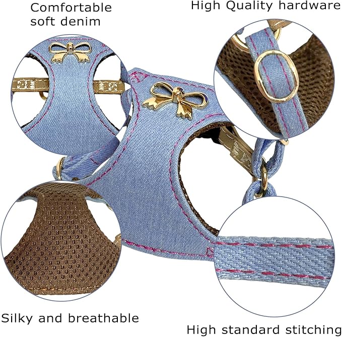 No Pull Dog Harness and Leash Set for Small Sized Dog Training Puppy Harnesses with Multifunction Dog Leash Soft Adjustable Denim No Choke Escape Proof Pet Harness for Small and Medium Dog (Blue XXS)