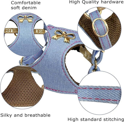 No Pull Dog Harness and Leash Set for Small Sized Dog Training; Puppy Harnesses with Multifunction Dog Leash, Soft Adjustable Denim No Choke Escape Proof Pet Harness for Small and Medium Dog (Blue XS)