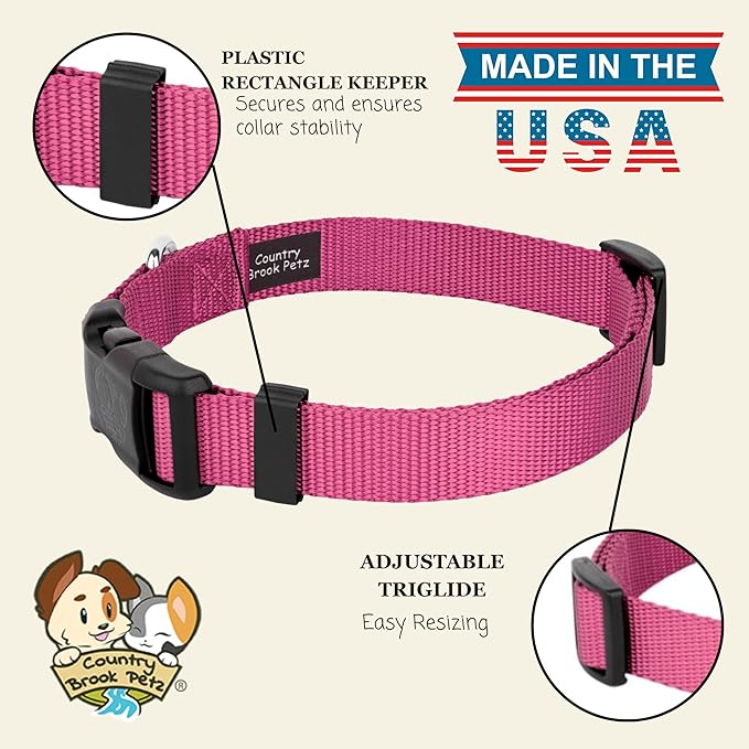 Country Brook Petz - Everyday Nylon Dog Collar for Large, Medium, and Small Dogs and Puppies - for Everyday Use in 10+ Warm Colors (Small, 3/4 Inch Wide, Rose)