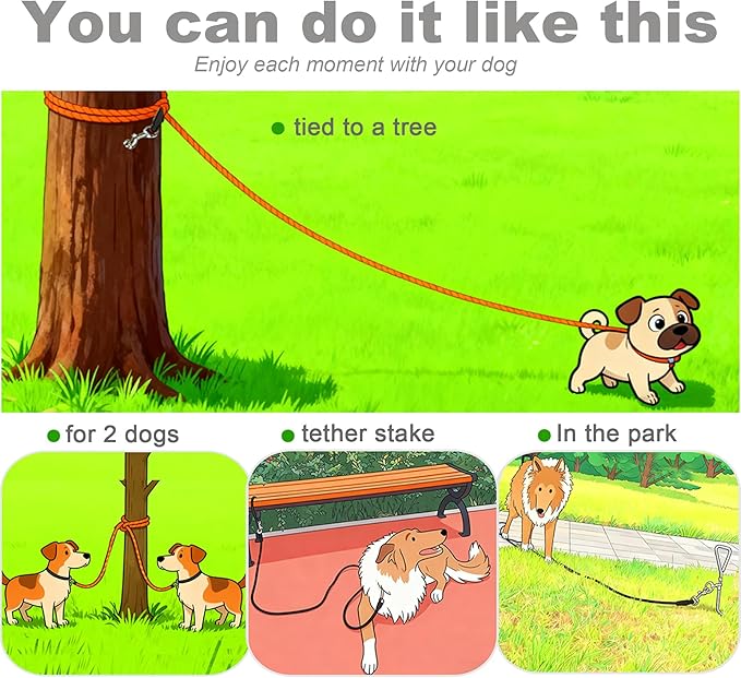Tie Out Rope Dog Leash, Long Tether 8-10-13-15-20-25-30-35-40-50-65 FT Nylon Check Cord for Medium Large Dogs Indoor/Outdoor Playing Camping Backyard (Black, 3/8" x 40ft)