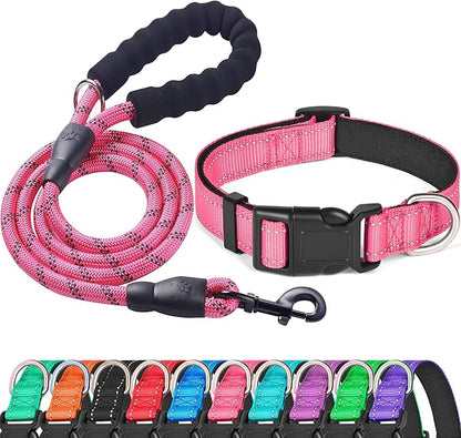 Ladoogo Reflective Dog Collar Padded with Soft Neoprene Breathable Adjustable Nylon Dog Collars for Small Medium Large Dogs (Small (Pack of 1), Pink Collar+Leash)