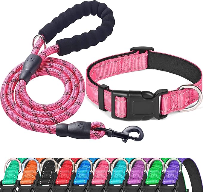 Ladoogo Reflective Dog Collar Padded with Soft Neoprene Breathable Adjustable Nylon Dog Collars for Small Medium Large Dogs (Large (Pack of 1), Pink Collar+Leash)